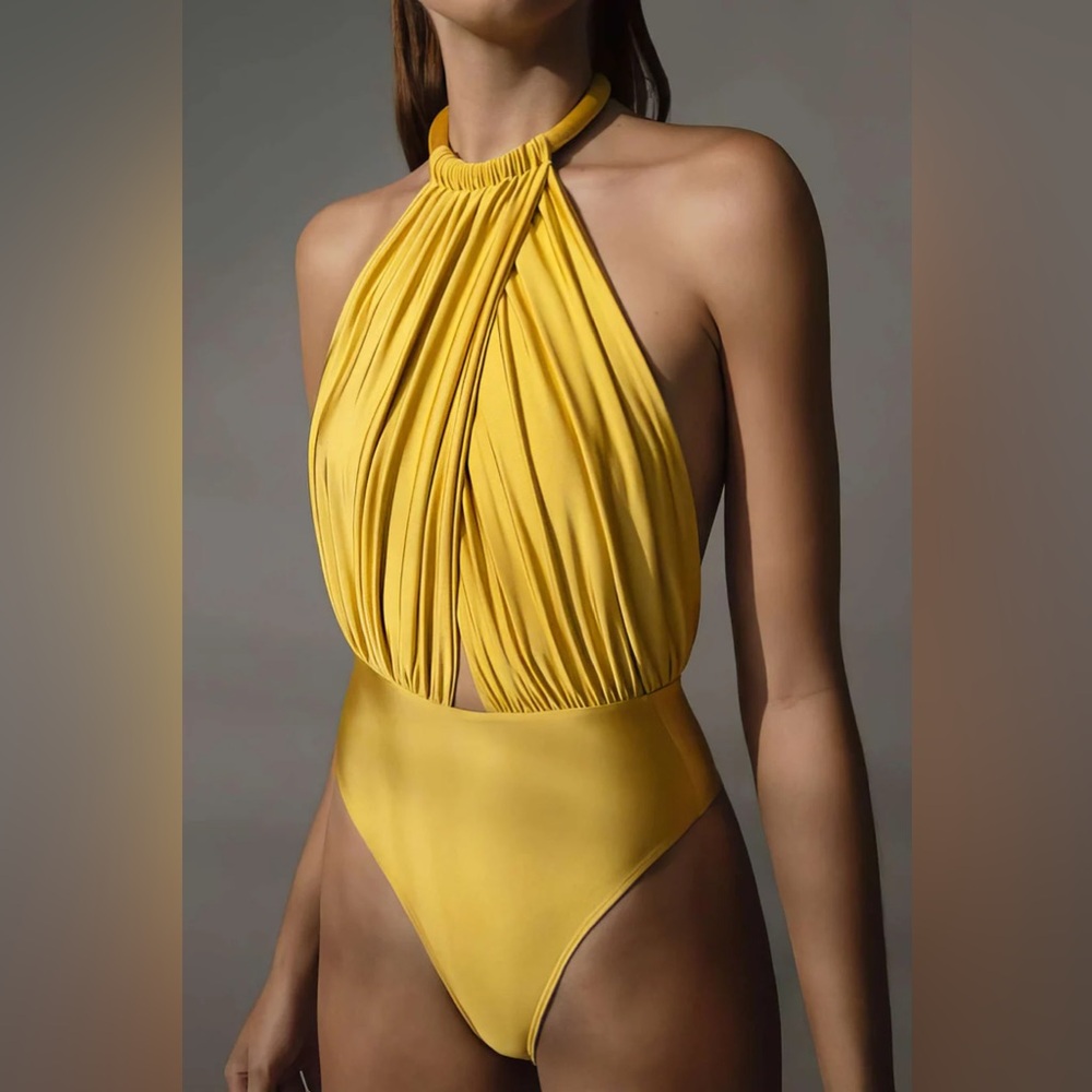 Yellow Halter Ruched Bodysuit